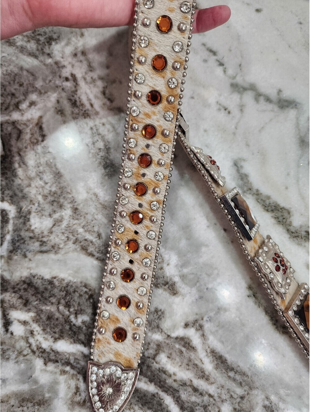 Western Style Belt with Brown and Amber Gemstone Accents and Silver Stud Detal - Picture 5 of 8